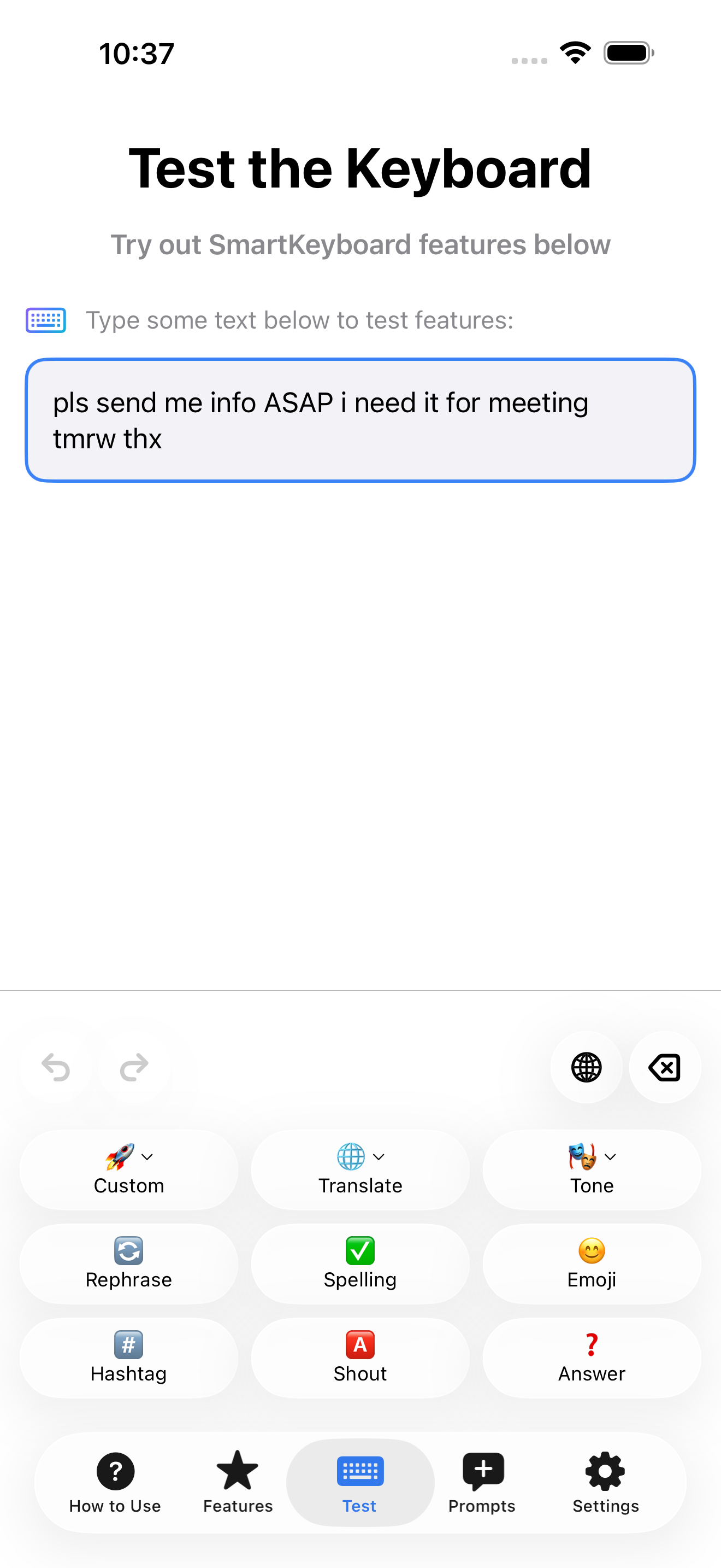 SmartKeyboard’s in-app test screen with a draft and actions including Rephrase, Spelling, Translate, Tone, and Custom